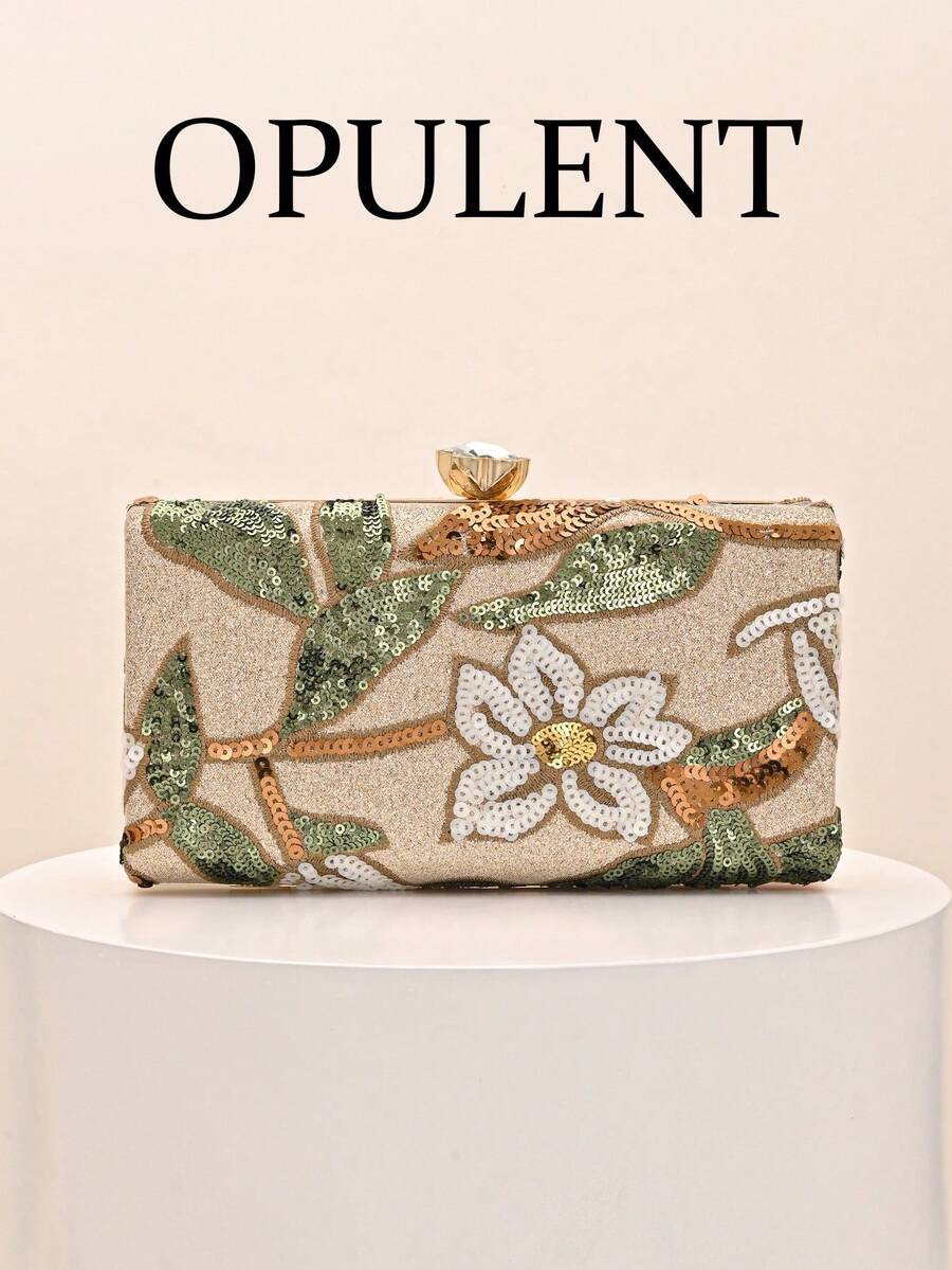 1pc Vintage Floral Sequin Embroidered Evening Clutch Bag With Rhinestone Square Buckle Hard Box Bag, Luxury Party Wedding Dress Matching Crossbody Small Square Bag For Women (Random Cut) - Champagne - View 1