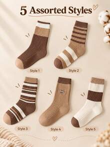 5/10 Pairs Women's Vintage Striped Crew Socks, Soft Breathable Cotton Ribbed Socks, Brown Beige Colorblock Mid-Calf Socks, Casual Retro Style For Everyday Wear, Fall & Winter - Multicolor - View 7