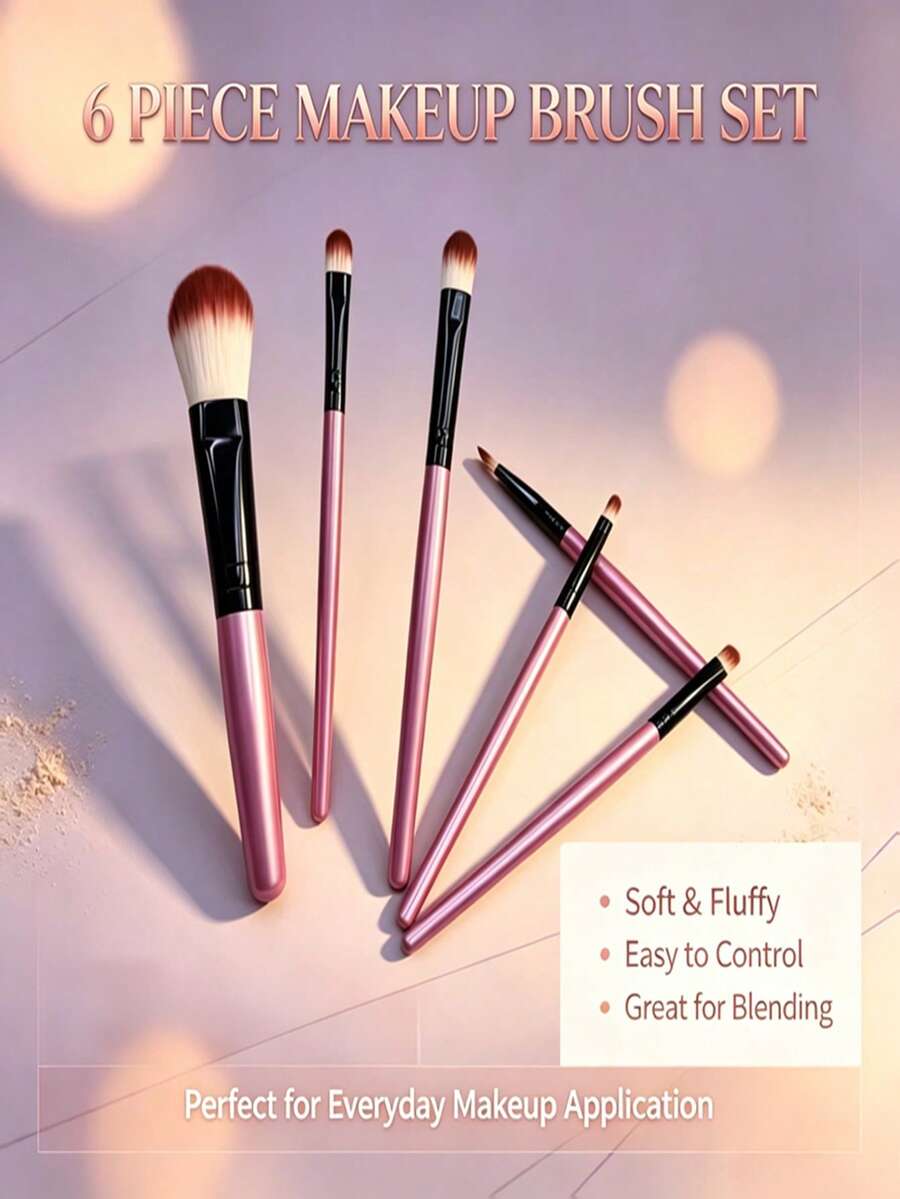 6Pcs Soft Bristle Makeup Brush Set, Pink Handle Cosmetic Brushes For Blush Eyeshadow Concealer Eyeliner, Beginner Makeup Tools