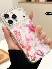 Pink Ocean Turtle Magnetic Transparent Phone Case, Shell Lily Goldfish Coral Pattern, Full Lens Shockproof Protective Cover, Compatible With IPhoneXR/11/12/13/14/15/16/17Pro Max/18Pro Max, Supports Magnetic Charging, Gentle Girl Creative Printed Phone Case - Clear - View 3