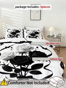 3PCS Y&K Style Black & White Rose And Bow Border Pattern Duvet Cover Set (1 Duvet Cover + 2 Pillowcases, Duvet/Pillow Inserts Not Included), Soft Polyester Fiber All-Season Washable Bedding Set, Available In Sizes: Extra Large, Large, Standard Double, Single. Suitable For Bedroom, Guest Room, School Dorm, Hotel All Season - Multicolor - View 2
