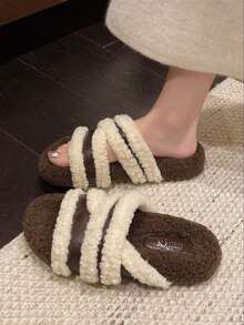 2026 New Women's Winter Thick Sole Fuzzy Slippers, Autumn New Slouchy Slip-On Fine Faux Fur Slippers, Spring/Autumn Buckle Indoor Home Flat Versatile Retro Office Slippers - Beige - View 1