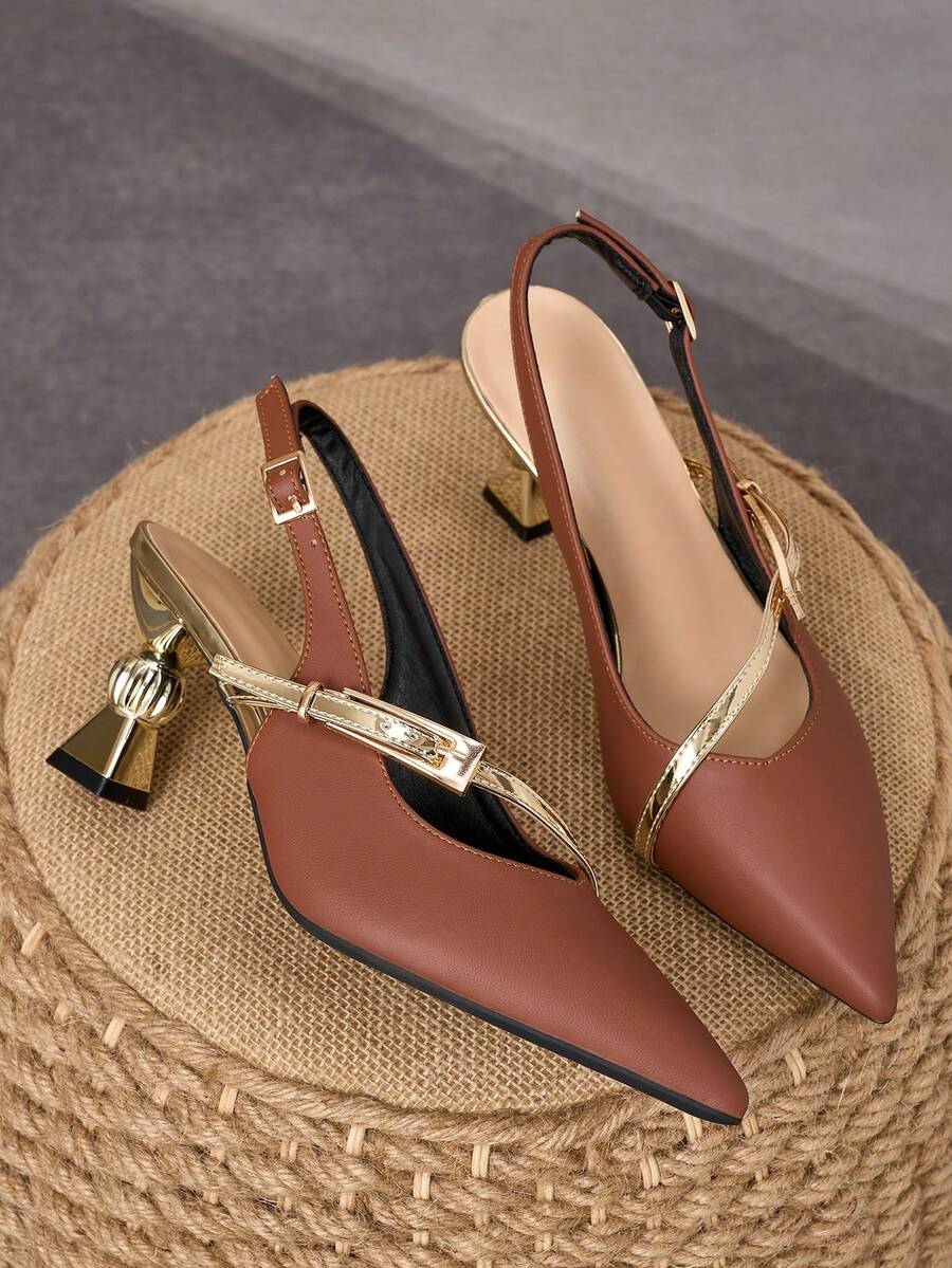 WHDXY Gentle Brown Pointed Toe Backless High Heels, Niche Design Asymmetric Heel Sandals, Elegant Commuting & Party Shoes For Women - Rust Brown - View 1