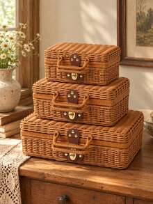 1pc Vintage Suitcase Style Woven Storage Box With Lid And Handle, Brown Rattan Organizer Basket For Living Room Bedroom Home Storage And Bookshelf Decor - Brown - View 5