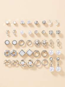 20 Pairs Square Snowflake Faux Pearl Infinity Symbol Stud Earrings Set, Suitable For Women's Commute And Daily Wear - Silver - View 1