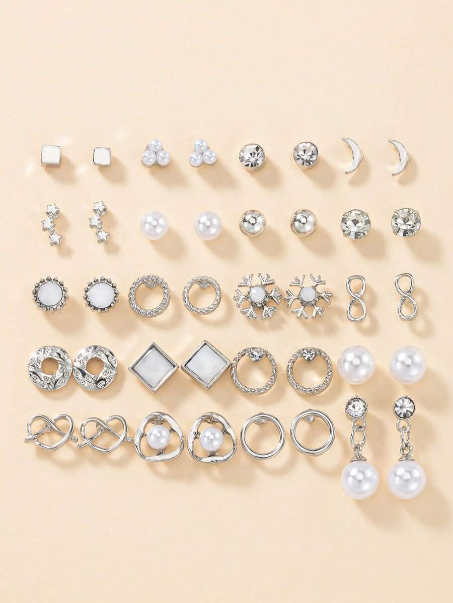 20 Pairs Square Snowflake Faux Pearl Infinity Symbol Stud Earrings Set, Suitable For Women's Commute And Daily Wear - Silver - View 1
