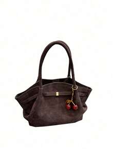 Women's Suede Tote Bag, Slouchy Hobo Shape With Cherry Charm & Gold Hardware, Soft Vintage Style For Daily, Work & Autumn/Winter - Coffee - View 10