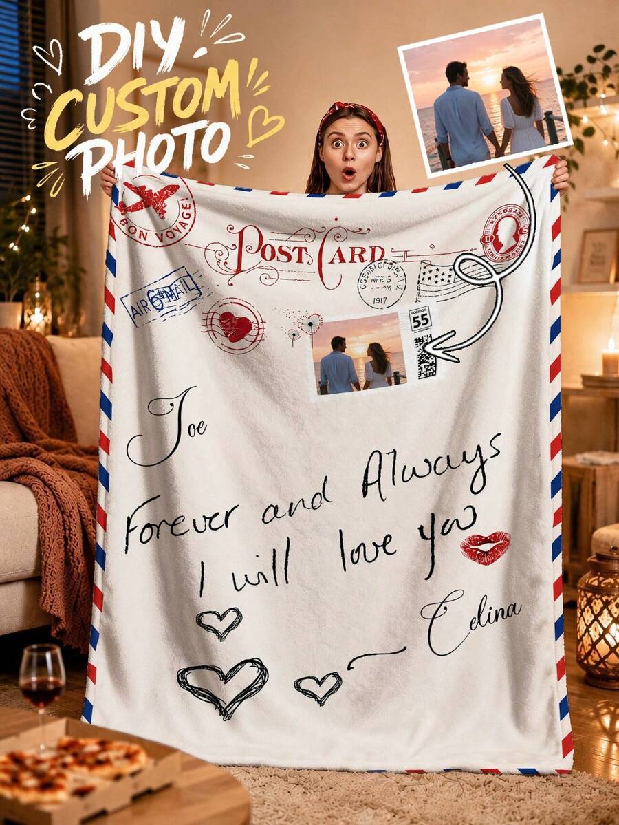 1pc DIY Customized Photo & Text Vintage Airmail Envelope Flannel Blanket, Postcard Postmark Couple Style, Upload Your Own Image, Super Soft & Warm Polyester Fleece Blanket, Personalized Gift For Family And Friends, Customized Birthday Gift, Personalized Commemorative Gift, Memory Collection, Sofa & Bedroom Multi-Use Throw Blanket, Multiple Sizes Available - Multicolor - View 1