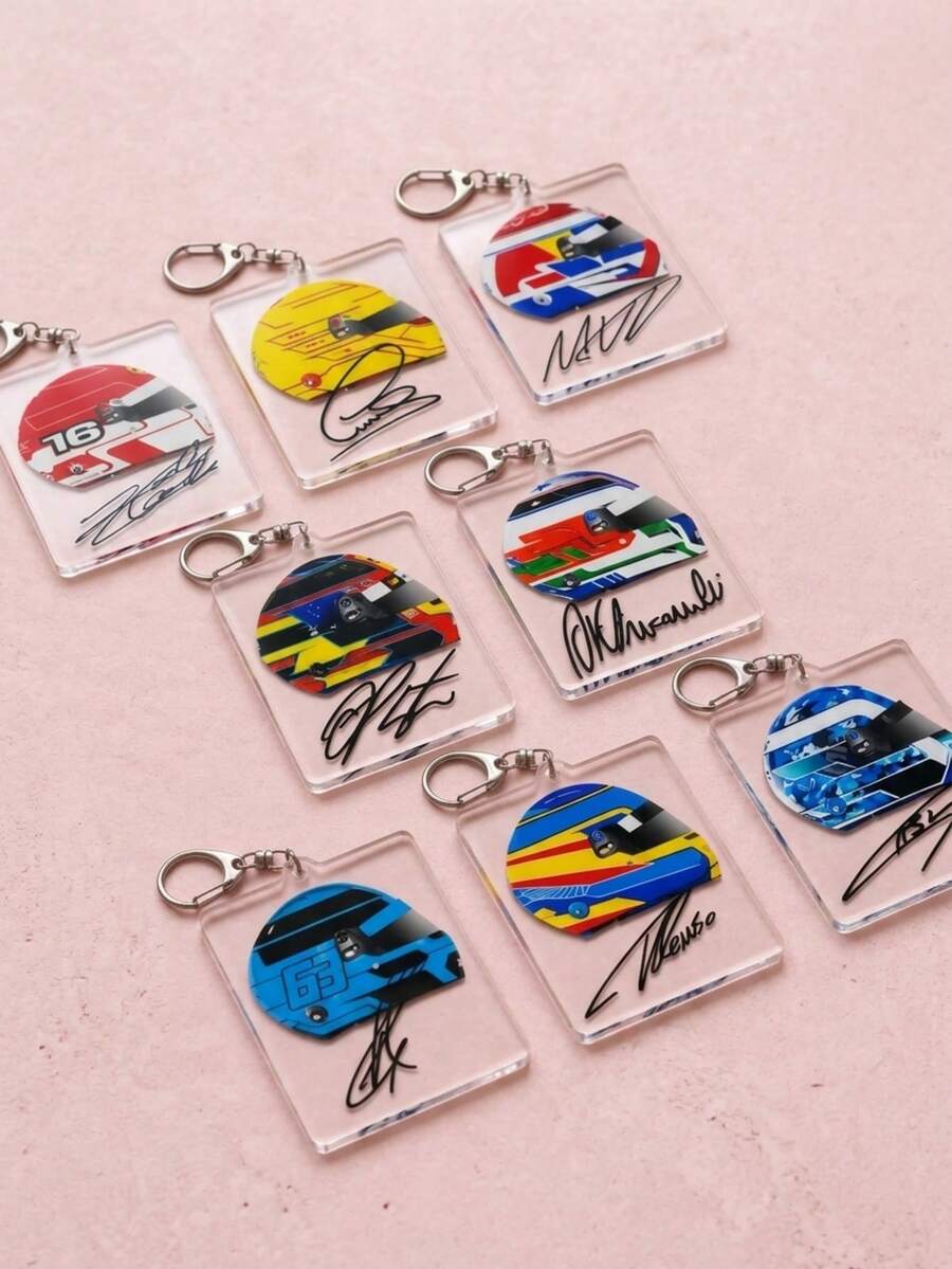 8pcs F1 Racing Driver Helmet Signature Acrylic Keychain, F1 Sports Style, Ideal Gift For Racing Fan Boyfriend And Friends, Car Keychain Accessory, Backpack Pendant, School Bag Charm - Multicolor - View 1
