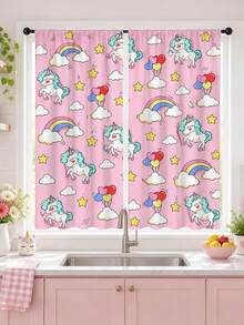 2Pcs Pink Cartoon Unicorn Rainbow Print Pattern Curtains, Dreamy Cartoon Semi-Sheer Rod Pocket Window Decor, Suitable For Living Room And Bedroom, Rod Not Included, Machine Washable - Rainbow Unicorn - View 4