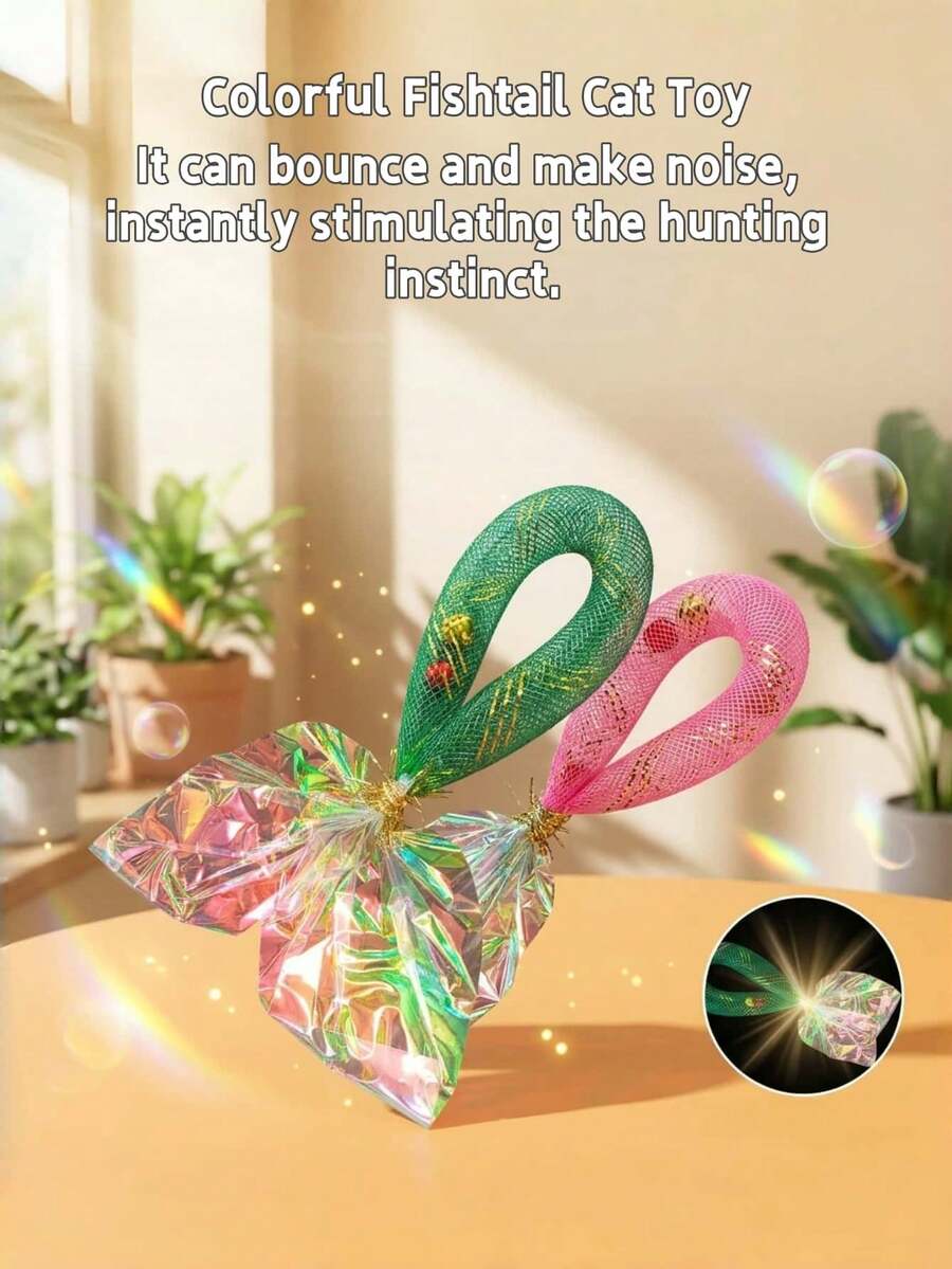 2pcs Colorful Fish Tail Mesh Tube Cat Toy With Built-In Bell And Crinkle Paper. It Makes Lovely Sounds When Touched, Attracting Cats To Play. Ideal For Cat Self-Amusement And Interactive Fun. - Multicolor - View 1