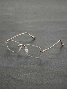 1 Pair Frameless Rectangular Glasses, Vintage Carved Metal Temple Transparent Lens Glasses, Unisex Transparent Decorative Glasses - Multicolor - View 10