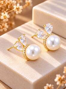 14K Gold Plated White Pearl Transparent Cubic Zirconia Rabbit Ear Water Drop Stud Earrings For Women, Delicate Hypoallergenic Daily Party Gift Jewelry - Gold - View 4