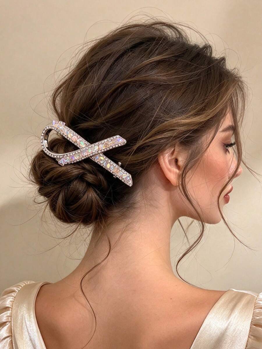 2pcs Mermaid Color Crystal Rhinestone Cross-Shaped Hair Clips, Women's High-End Bangs Side Clips, Party Wedding Atmosphere Hair Accessories - Multicolor - View 1