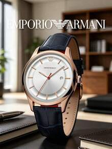 Armani AR11131 Men's Minimalist Dress Watch, Rose Gold Round Case, Pure White Dial, Date Display, Black Embossed Composite Strap - one-size - View 7