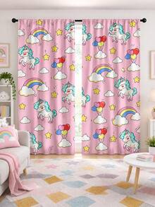 2Pcs Pink Cartoon Unicorn Rainbow Print Pattern Curtains, Dreamy Cartoon Semi-Sheer Rod Pocket Window Decor, Suitable For Living Room And Bedroom, Rod Not Included, Machine Washable - Rainbow Unicorn - View 1