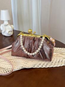 Chic Pearl Chain Crossbody Handbag - Pink - View 7