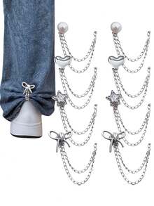 8pcs Multi-Functional Clothing Clips, Suitable For Pant Legs, Metal Star, Heart And Bow Shirt Pants Hem Clips, Cute Decorative Long Pant Leg Chain Clips With Button Chain Clips, Clothing Decoration Accessories - Silver-8pcs - View 2