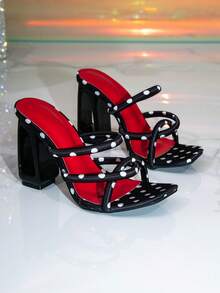 Women's Square Toe Black Decorated Elegant Party High Heel Sandals, Suitable For Wearing As Slippers When Going Out - Black - View 2