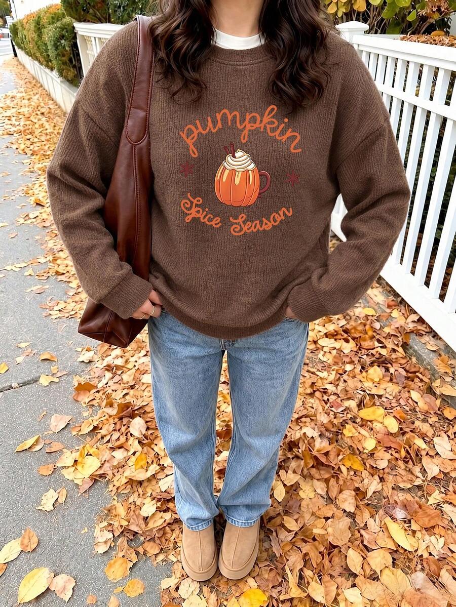 Plus Size Women's Autumn Pumpkin Pattern Round Neck Long Sleeve Casual Brown Sweatshirt, Thanksgiving Sweatshirt, Fall Clothes Plus Size, Plus Size Women Clothes, Fall Outfit For Women, Plus Size Fall Outfits - Brown - View 1