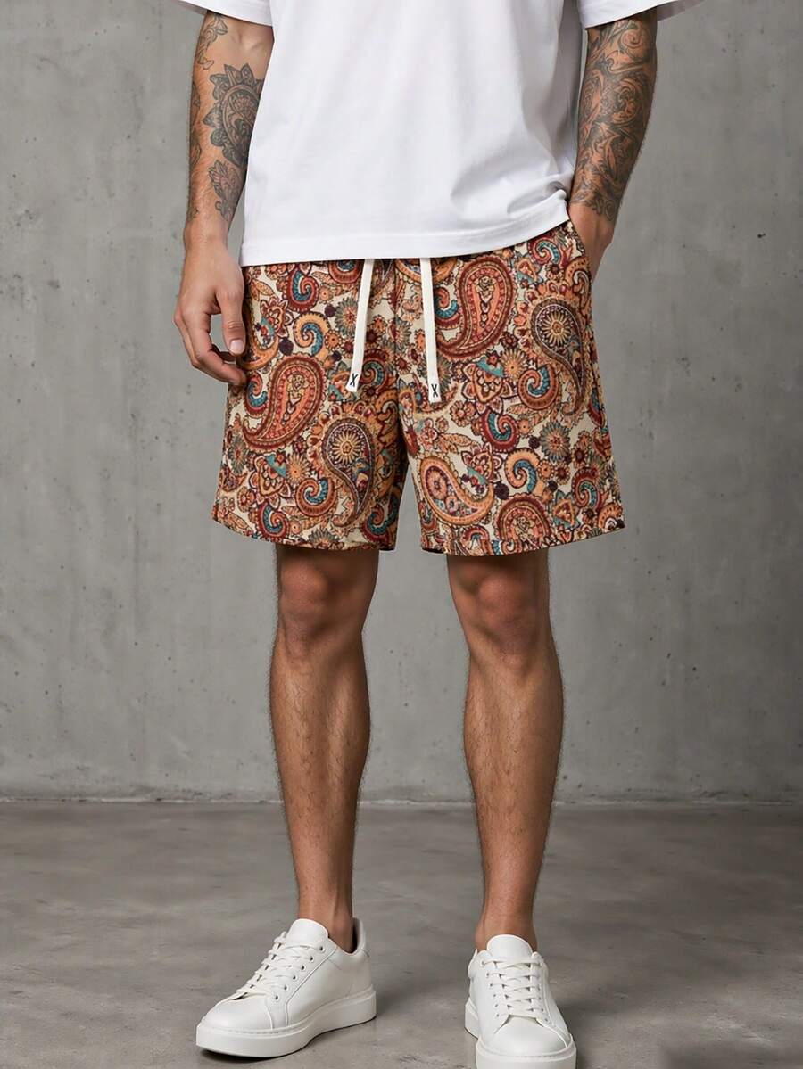 Men's American Vintage Cashew Floral Drawstring Bermuda Shorts, Loose Fit Elastic Waist Beach Vacation Casual Mid-Length Pants, Summer - Brown - View 1
