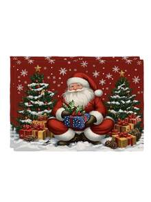 4Pcs Christmas Santa Claus Print Placemats Red Snowflake Xmas Tree Gift Box Pine Cone Pattern Table Mats Holiday Winter Dining Table Decor - Red - View 12