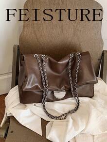 FEISTURE 1pc Solid Color PU Soft Chain Shoulder Bag, Metal Buckle Decor Flap Large Capacity One Shoulder Bag, Suitable For Girls, Women, College Students, New Professionals And Office Workers, Perfect For Work, Business, Commuting, School - Coffee - View 7