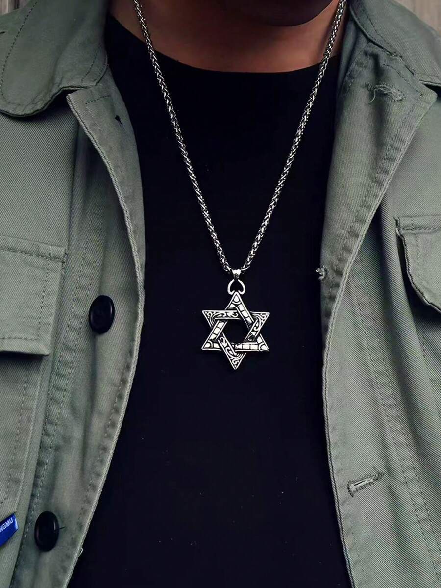 1PC Vintage Star Of David Pendant Necklace, Men's Retro Engraved Hexagram Stainless Steel Box Chain Necklace, Gothic Punk Amulet Jewelry Gift