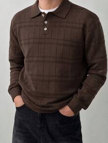 Men's Autumn/Winter Fashion Versatile Solid Color Casual Plaid Button-Up Collar Long Sleeve Sweater, Suitable For Daily Commute - Brown - View 4