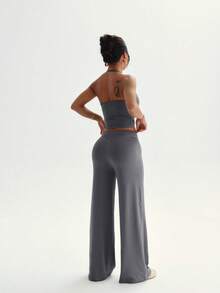 Women'sSpaghettiStrapPleatedCropped Camisole Top + High Waist Wide Leg Pants 2 Pieces Solid Color SlimFit Set Sports Gray Summerfall Clothes For Women - Grey - View 2