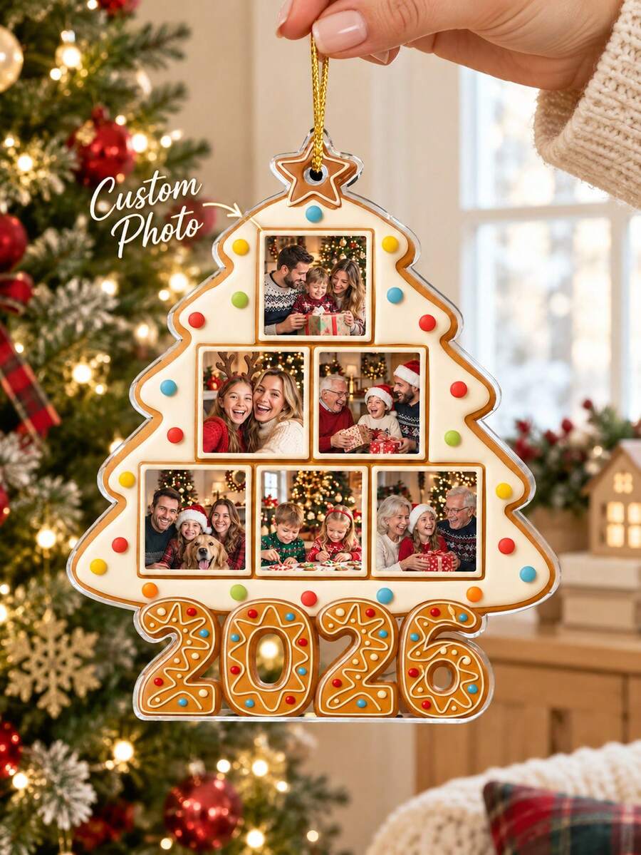 1pc Personalized Family Photo Gingerbread Tree Christmas Ornament, 2026 Family Keepsake, Acrylic Photo Collage Hanging Decor, Christmas Gift - Multicolor - View 1