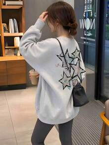 Vintage Distressed Graffiti Colorful Star & Smiling Face Back Print Crew Neck Sweatshirt Women Light Grey Loose Lazy Autumn Pullover - Light Grey - View 7