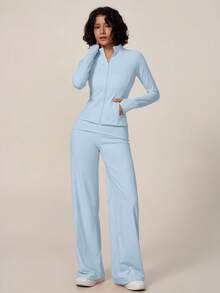 TimeOff 1 Set Women's Autumn/Winter Stand Collar Zipper Thumb Hole Side Pocket Jacket And Folded Waist Pants - Blue - View 7