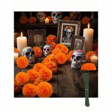 40 piezas/20 piezas/2 piezas Flores de cempaschil artificiales, cempaschil de seda de 2 pulgadas con tallo, cabeza de flor de cempaschil mexicano para Halloween, decoracin de Da de Muertos, flores artificiales naranjas adecuadas para decoracin del ho - Naranja - Ver 8