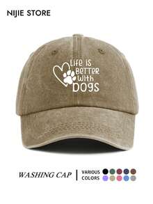 Soft Top Vintage Washed Baseball Cap, Heart Dog Paw Life Is Better With Dogs Print, Unisex Outdoor Baseball Cap - A - View 13