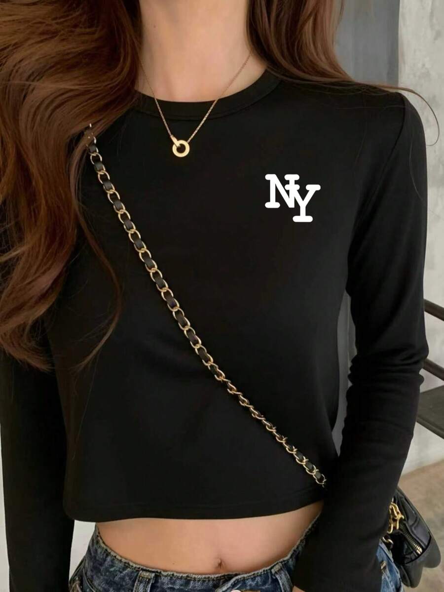 Minimalist NY Small Logo Cropped Long Sleeve T-Shirt Women Slim Fit Flattering Round Neck Base Layer Tight Inner Wear Autumn Top - Black - View 1