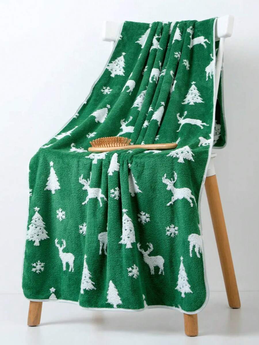 1-Piece Set Polyester Fiber Green Bath Towel Or Small Towel Or Handkerchief, Thin, Christmas Reindeer Pattern, Absorbent, Unisex, Suitable For Bathroom, Holiday Gifts, School, Home, Decoration - Green - View 1