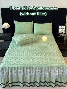 3件套加厚保暖法蘭絨蕾絲床裙套組（1件床裙 + 2件枕套），蕾絲飾邊設計，時尚美觀，吸濕透氣、抗皺、靜音，床墊保護套，易拆卸 - 香草綠 - 查看 4