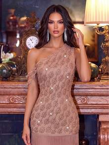 Modphy New Sexy Women's Heavy-Duty Rhinestone Slanted Neck Tassel Dress, Suitable For Weddings, Parties, And Women's Banquet Dresses - Coral Orange - View 3