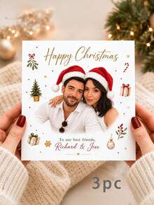 1/3pcs Personalized Photo Christmas Card, Custom Text & Picture Santa Hat Foldable Greeting Card, Happy Christmas Customized Holiday Card For Couple Friends - Multicolor - View 8