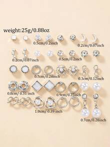 20 Pairs Square Snowflake Faux Pearl Infinity Symbol Stud Earrings Set, Suitable For Women's Commute And Daily Wear - Silver - View 6