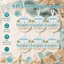 Room Decor, 6pcs Round Acrylic Hanging Ornaments, True Friends Sea Glass Quote With Beach Palm Tree And Three People Pattern Print, Lightweight Hanging Decor, Friendship Keepsake, Christmas Tree Home Wall Hanging Decor, Unisex Christmas Gift - A - View 1