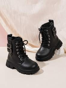 Girls' Street Style Comfortable Metal Buckle Decor Shiny Functional Boots, Black Cool Boots For Autumn/Winter - Black - View 3