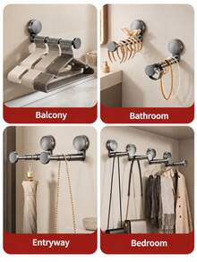 1pc Suction Cup Hanger Storage Rack, Wall-Mounted Expandable Hanger Rack, Drill-Free Extendable Storage Bar, Suitable For Velvet And Plastic Hangers, Space-Saving Laundry Room Storage Rack, Ideal For Balcony, Rental Apartment, College Dorm Essentials - Multiple Styles and Colors - View 6
