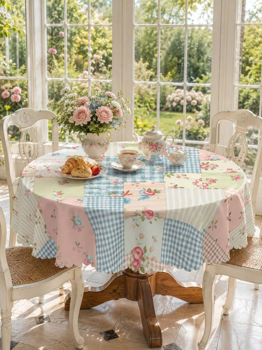 Pastoral Patchwork Gingham Rose Floral Round/Rectangular Tablecloth, For French Afternoon Tea Table Decor - Multicolor - View 1
