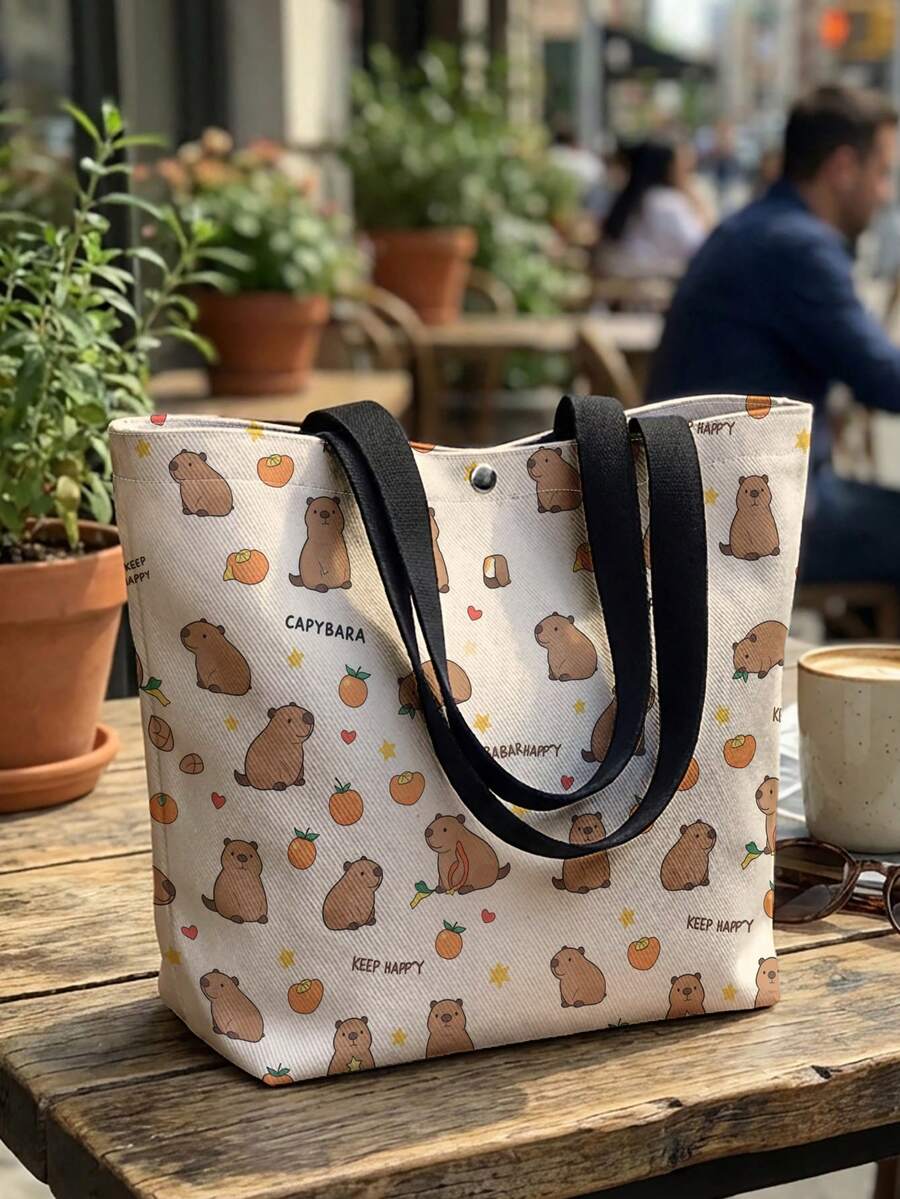 1pc Cute Capybara Orange Print Canvas Tote Bag, Large Capacity Storage Snap Closure Shoulder Handbag For Daily Shopping School - Camel - View 1