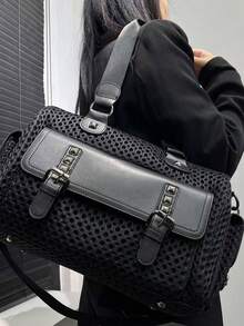 Women's Fashion Y2K Style Mesh Shoulder Bag, Large Capacity, Stitch & Rivet Design, Vintage Crossbody, Multi-Pocket - Black - View 3