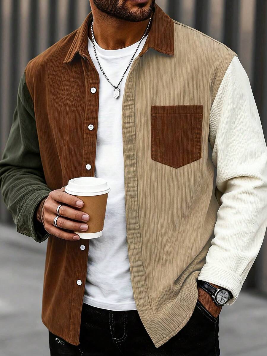 Men Plus Size Shackets - Brown - View 1