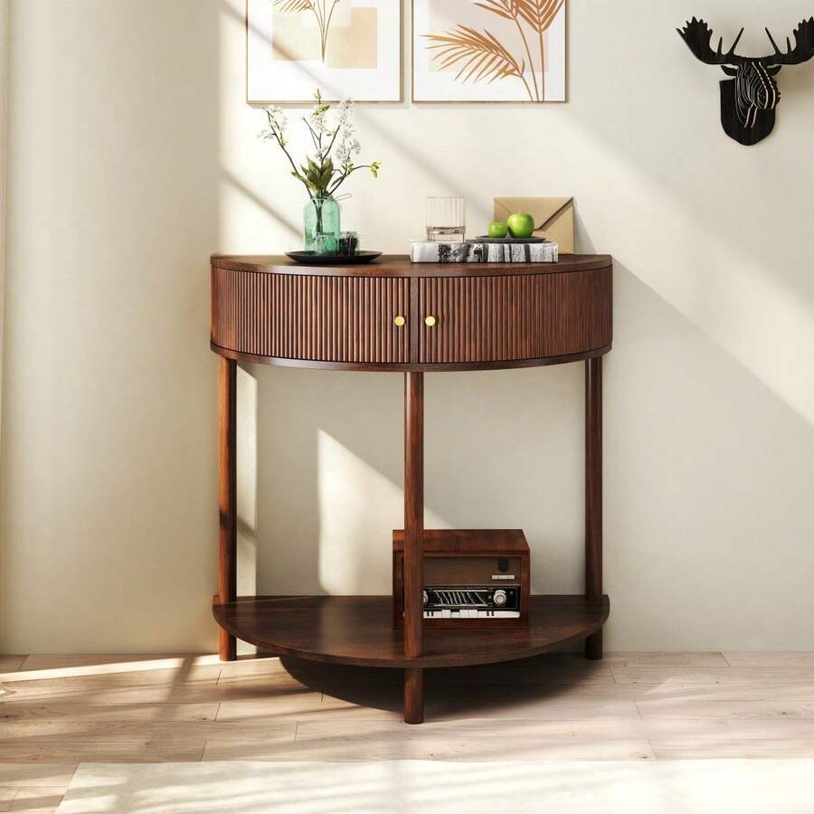 Halvmåneformad konsolbord med handgjort 3D-vågmönster, valnötsbrun MDF-trädekor med UV-beläggning, ben i massivt trä, 2 lådor & nedre förvaringsfack för hall, vardagsrum, sovrum och  - 1 - Visa 1