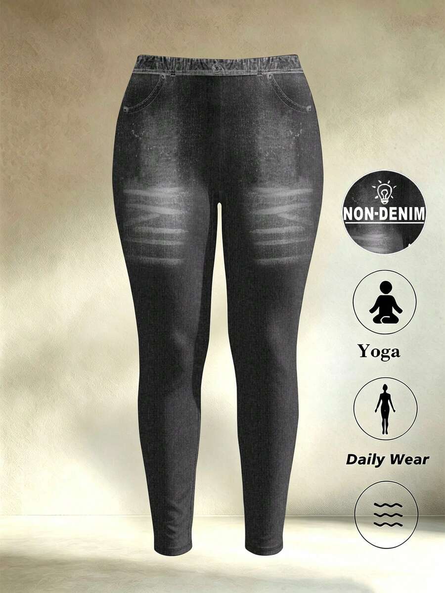 Plus Size Faux Denim Jeggings | High Waisted Stretchy Tummy Control ...